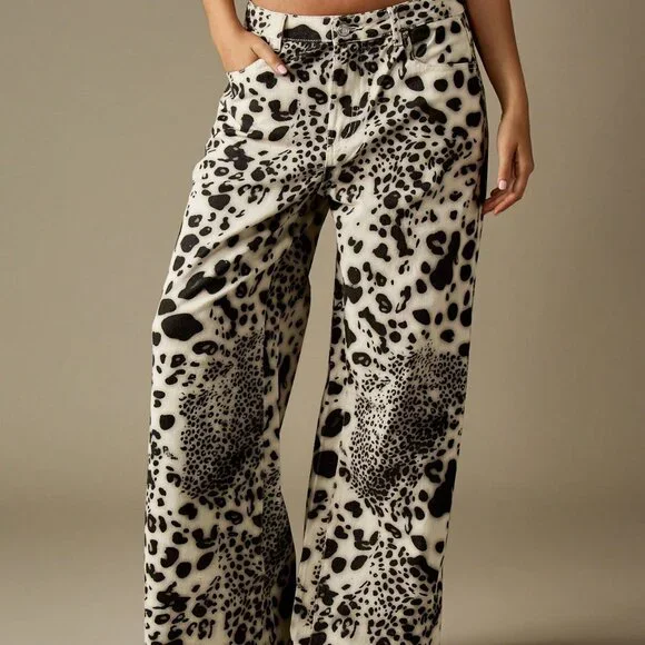Multicolor Casual Women's Mid Rise Baggy Animal Print Palazzo Jeans - Picture 3 of 6